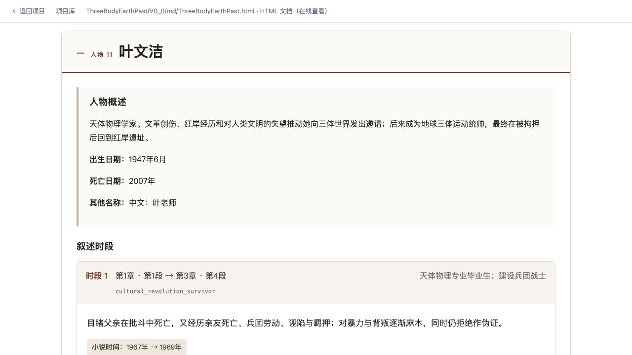 NSL 为《三体》生成的 HTML，展示叶文洁从 1967 年延续到 1969 年的人物状态