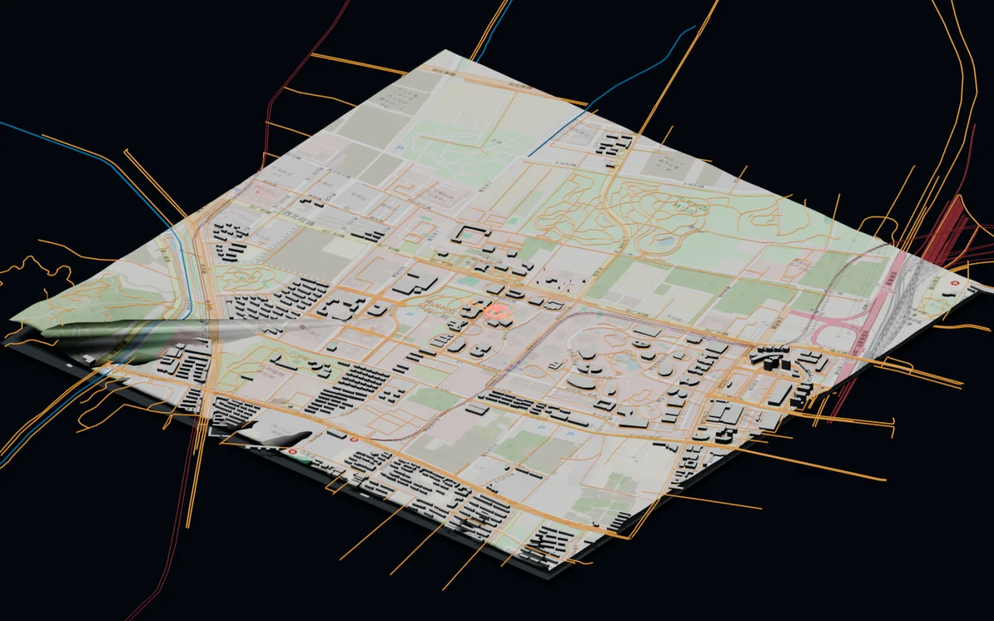 北京东软研发中心周边的 BlenderGIS 三维地图，底图上叠加了建筑、道路和地形