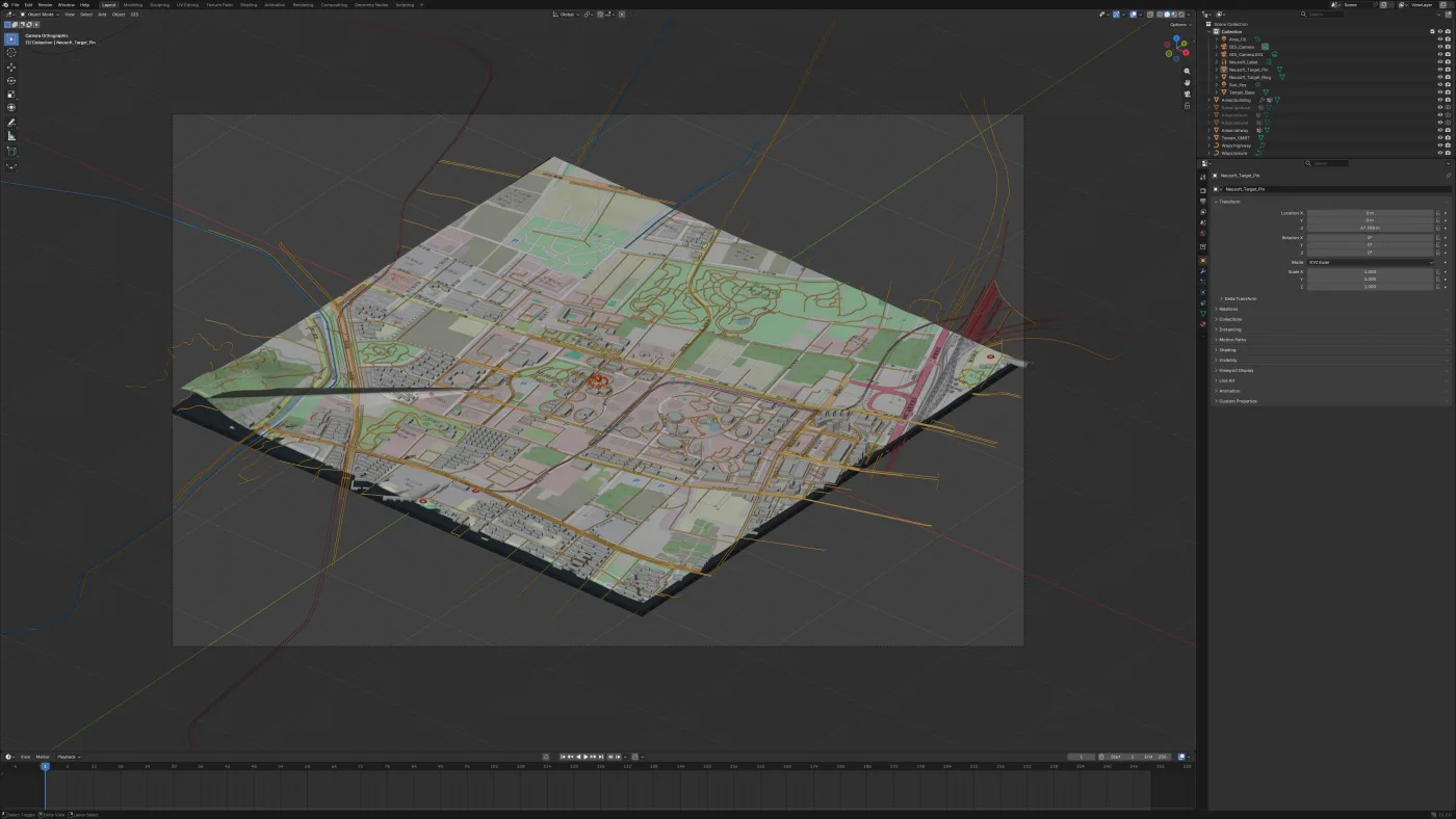 Blender 软件现场中，北京东软周边底图、道路和建筑数据已经进入三维场景