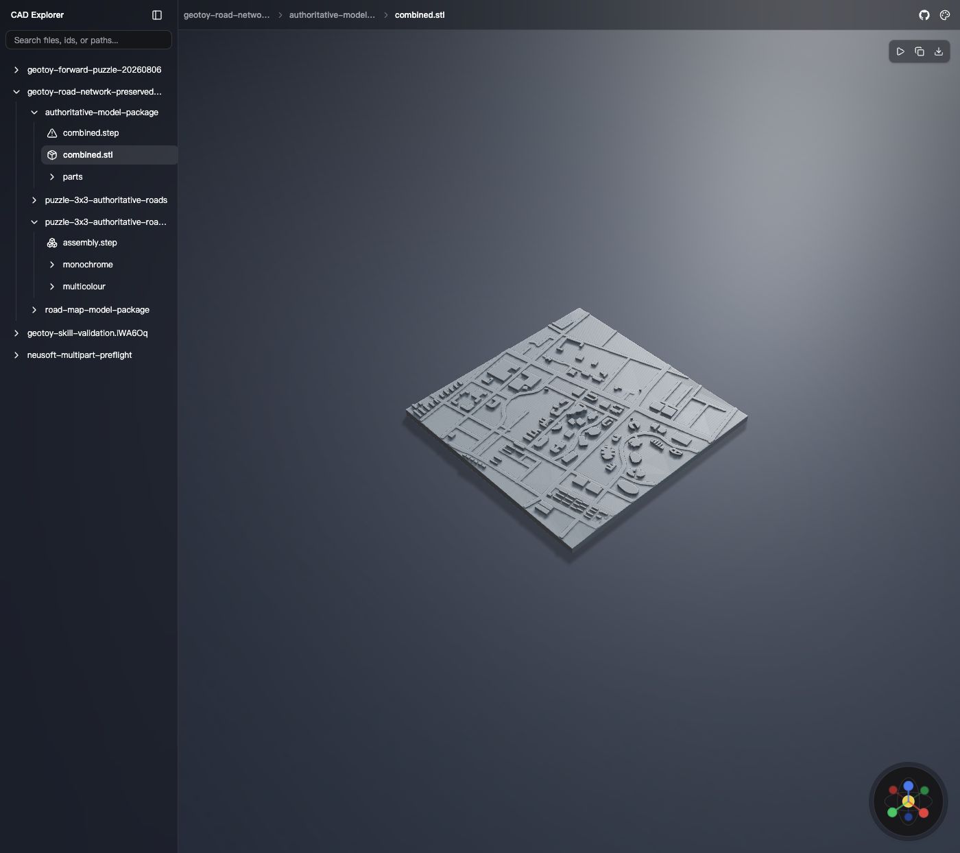 CAD Explorer 中打开的组合地理模型，左侧为产物目录，右侧为三维预览