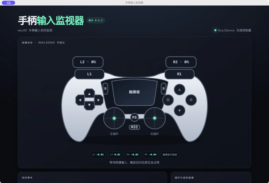手柄输入监视器 v0.6.2 界面，以 DualSense 图形对应按键、摇杆和实时输入数据