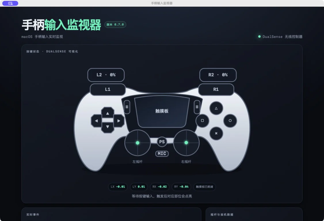 手柄输入监视器 v0.7.0 的 macOS 应用界面，中央展示 DualSense 和实时输入状态