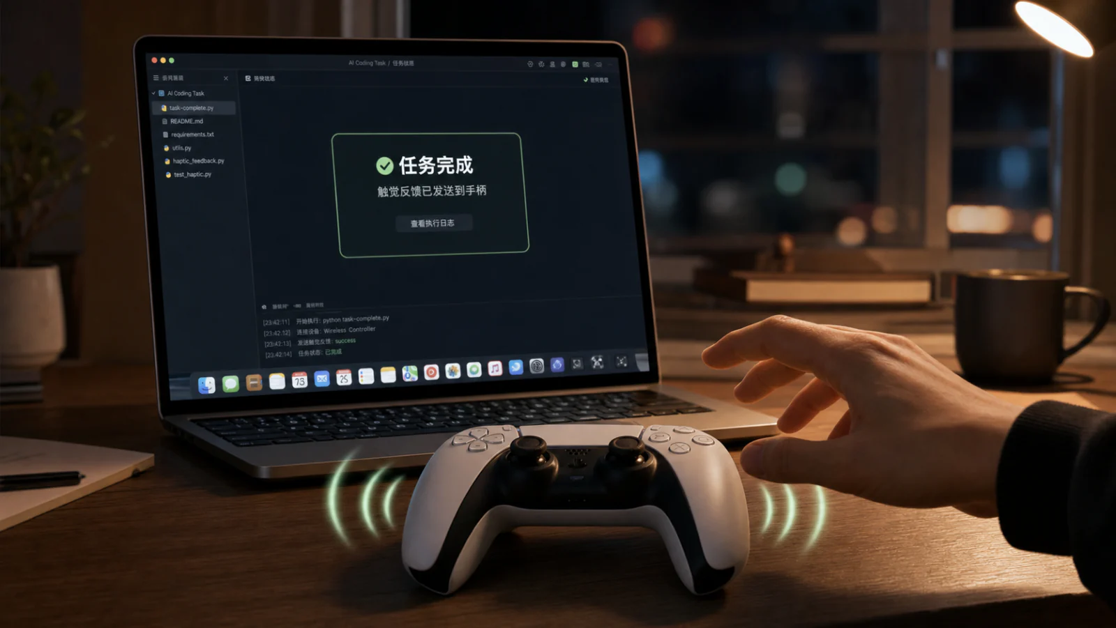 桌面上的 DualSense 在 Codex 任务完成后以触觉振动提醒使用者的场景图