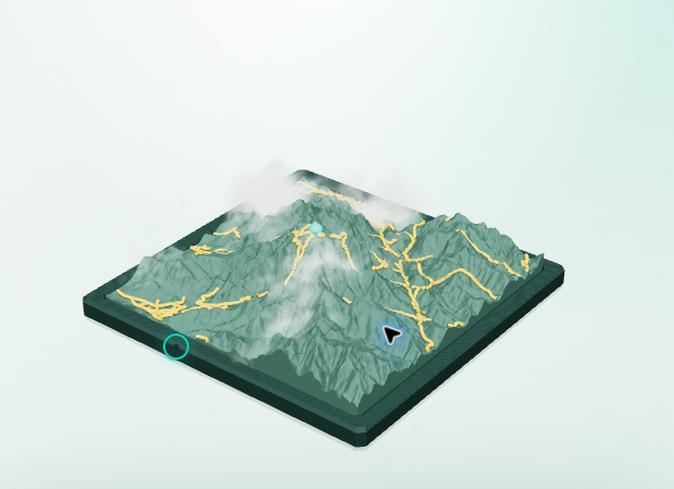 《见山》游戏中的完整黄山三维模型，云雾穿过山峰与金色道路